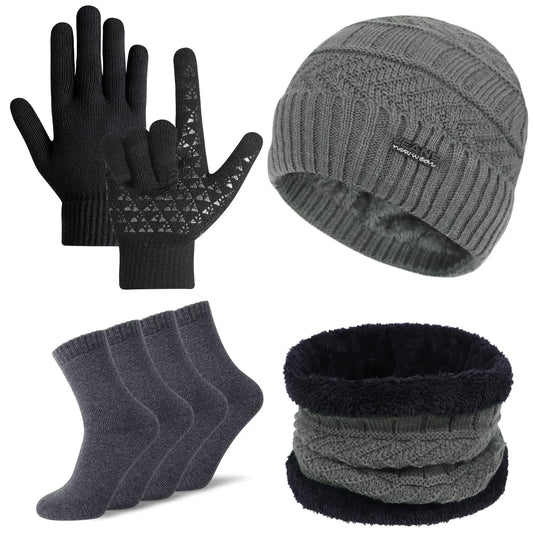 5 Pcs Winter Beanie Hat Scarf Touchscreen Gloves Set with Wool Socks for Men Women Gray