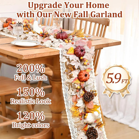 6 FT Pumpkins Fall Garland for Mantle Fall Decorations for Home, Ashen White Maple Leaves Lighted Fall Garland for Home Fall Decor Outdoor Indoor