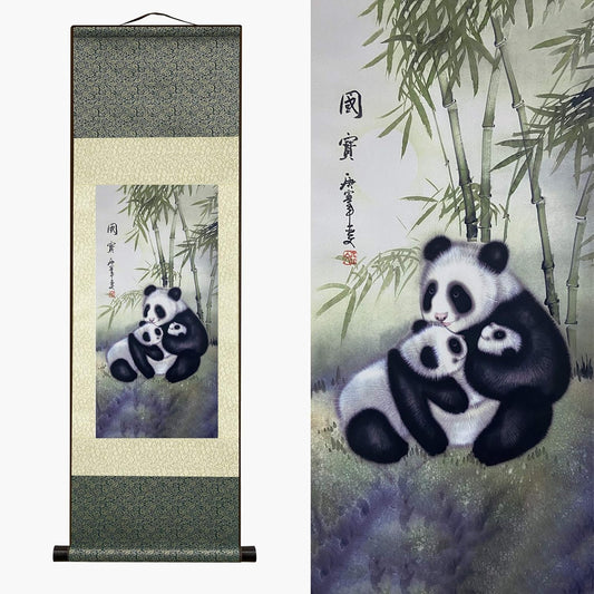 Asian Wall Decor Beautiful Silk Scroll Painting Chinese Panda National Treasure Oriental Decor Chinese Art Wall Scroll Wall Hanging Painting Scroll (36.2 X 12 In)
