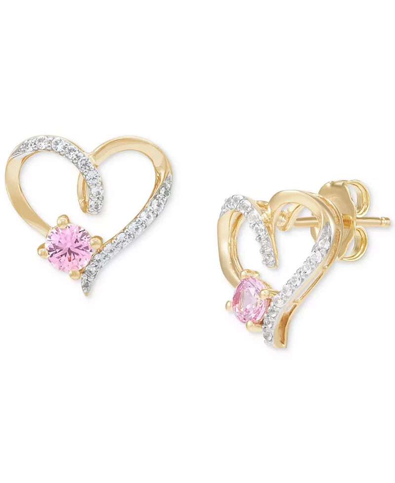 2-Pc. Set Lab Created Pink Sapphire (3/4 Ct. T.W.) & Lab Created White Sapphire (1/3 Ct. T.W.) Heart Pendant Necklace & Matching Stud Earrings in 14K Gold-Plated Sterling Silver