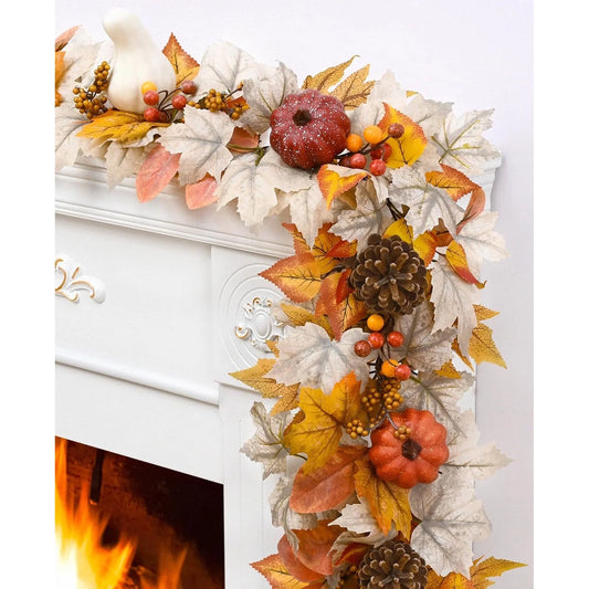 6 FT Pumpkins Fall Garland for Mantle Fall Decorations for Home, Ashen White Maple Leaves Lighted Fall Garland for Home Fall Decor Outdoor Indoor