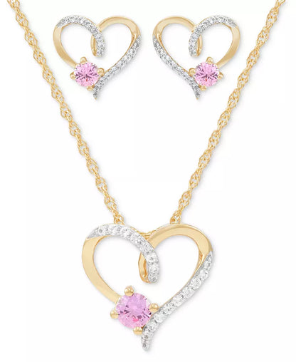 2-Pc. Set Lab Created Pink Sapphire (3/4 Ct. T.W.) & Lab Created White Sapphire (1/3 Ct. T.W.) Heart Pendant Necklace & Matching Stud Earrings in 14K Gold-Plated Sterling Silver