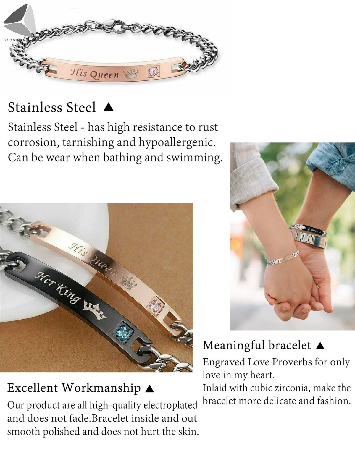 Stainless Steel Couple Bracelets His Queen Her King Bracelets for Couples Jewelry Matching Set Christmas Anniversary Valentine'S Day Gift (1 Pcs, Rose Gold)